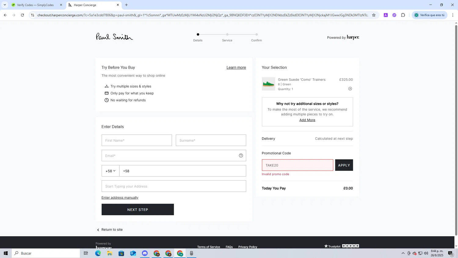 Paul Smith UK promo code screenshot showing code TAKE20 applied at Paul Smith UK checkout page. Uploaded by SimplyCodes community member CoinCollector8010 on Aug 26, 2025