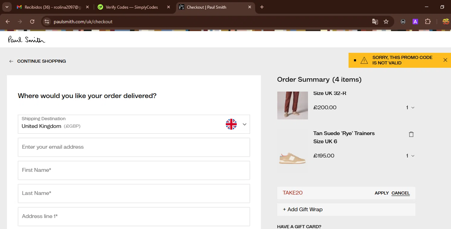 Paul Smith UK promo code screenshot showing code TAKE20 applied at Paul Smith UK checkout page. Uploaded by SimplyCodes community member WonderWarden594 on Aug 26, 2025