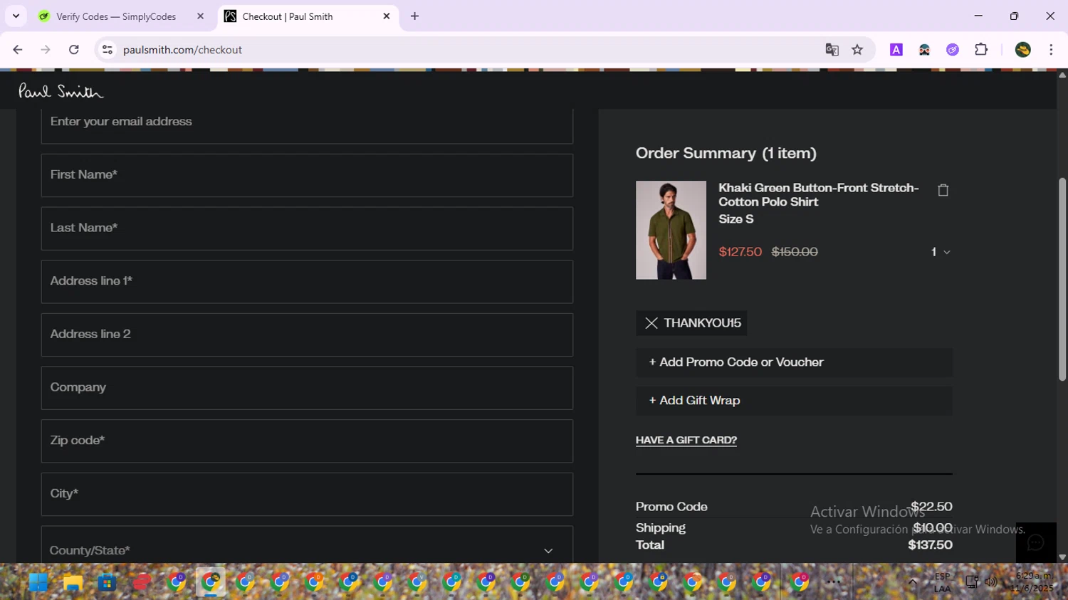 Paul Smith UK checkout page showing Paul Smith UK promo code box | Screenshot taken by SimplyCodes community member on Jun 11, 2025