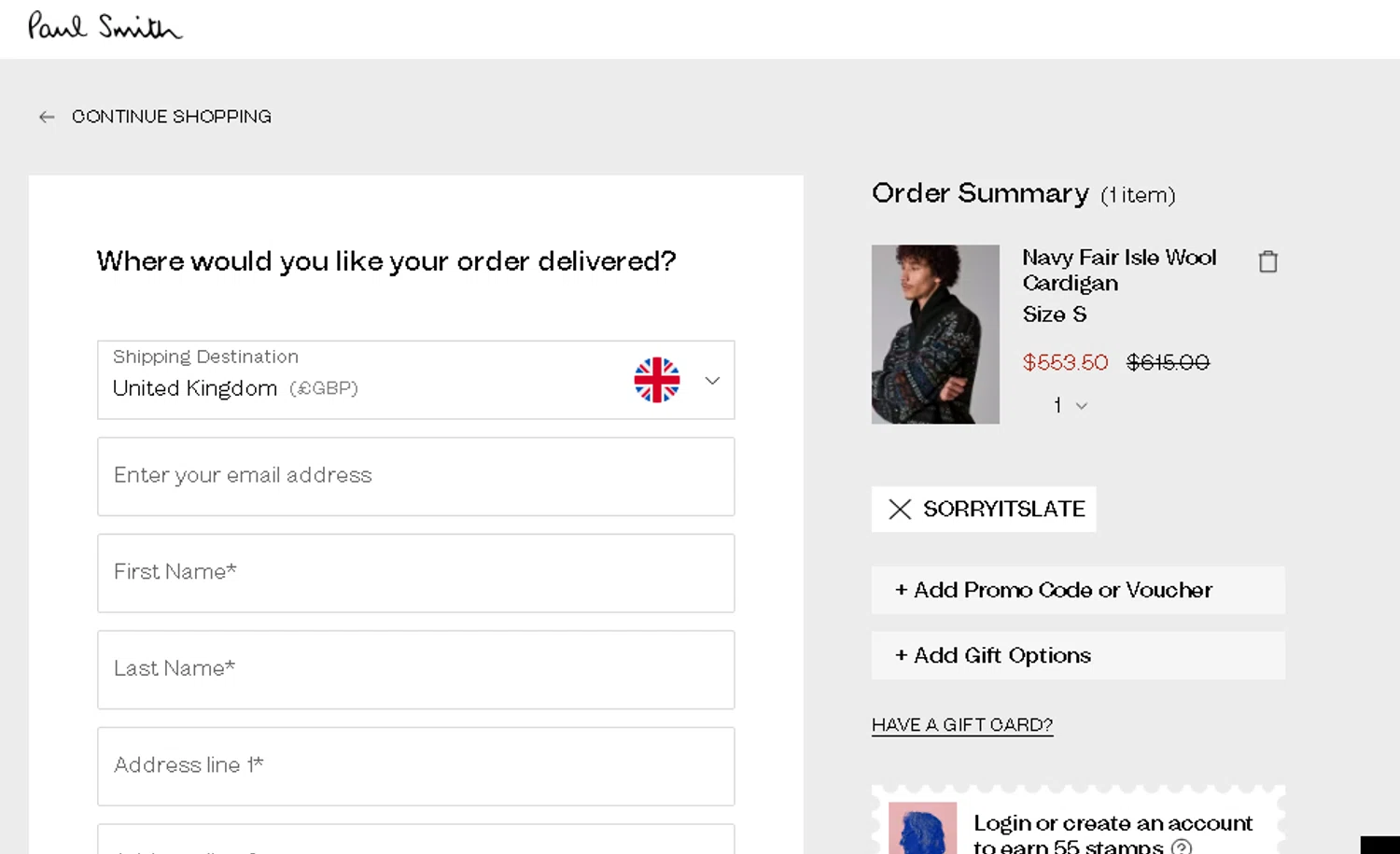 Paul Smith UK promo code screenshot showing code SORRYITSLATE applied at Paul Smith UK checkout page. Uploaded by SimplyCodes community member AMANDA2681 on Dec 7, 2025