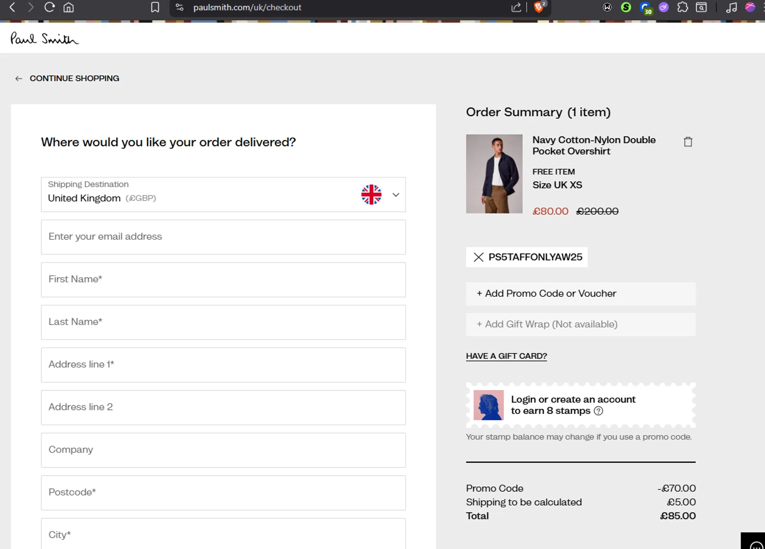 Paul Smith UK promo code screenshot showing code PS5TAFFONLYAW25 applied at Paul Smith UK checkout page. Uploaded by SimplyCodes community member Jmhernand1 on Oct 20, 2025