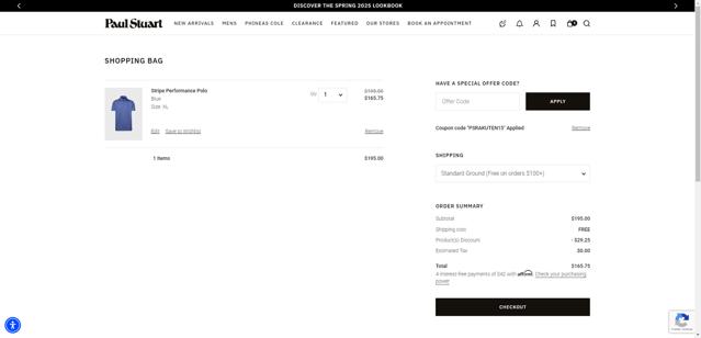 Paul Stuart checkout page showing Paul Stuart discount code box | Screenshot taken by SimplyCodes community member on Jun 4, 2025