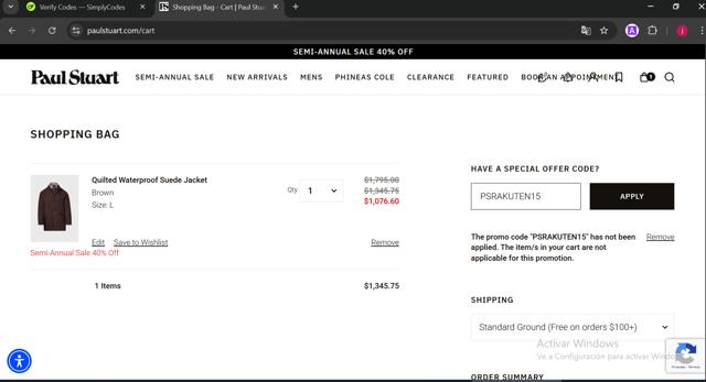 Paul Stuart checkout page showing Paul Stuart discount code box | Screenshot taken by SimplyCodes community member on Jan 26, 2025