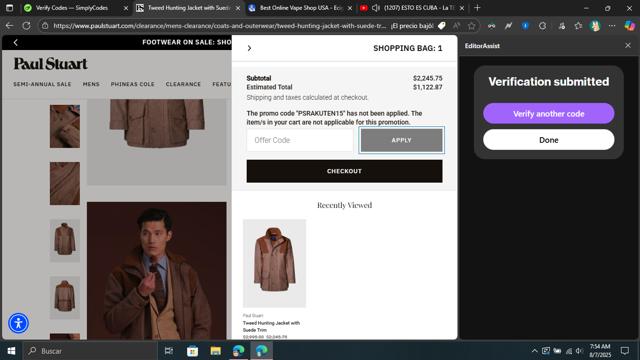 Paul Stuart checkout page showing Paul Stuart discount code box | Screenshot taken by SimplyCodes community member on Aug 7, 2025