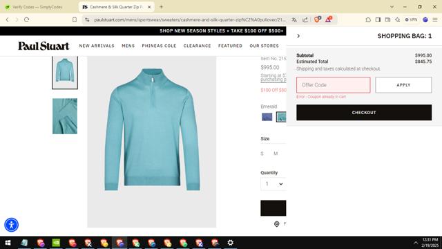 Paul Stuart checkout page showing Paul Stuart discount code box | Screenshot taken by SimplyCodes community member on Feb 19, 2025
