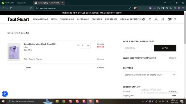 Paul Stuart checkout page showing Paul Stuart discount code box | Screenshot taken by SimplyCodes community member on Mar 19, 2025