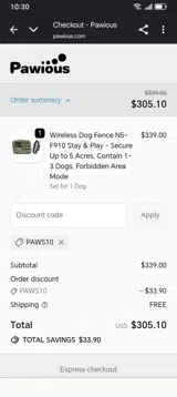 PAWS10 coupon verification screenshot