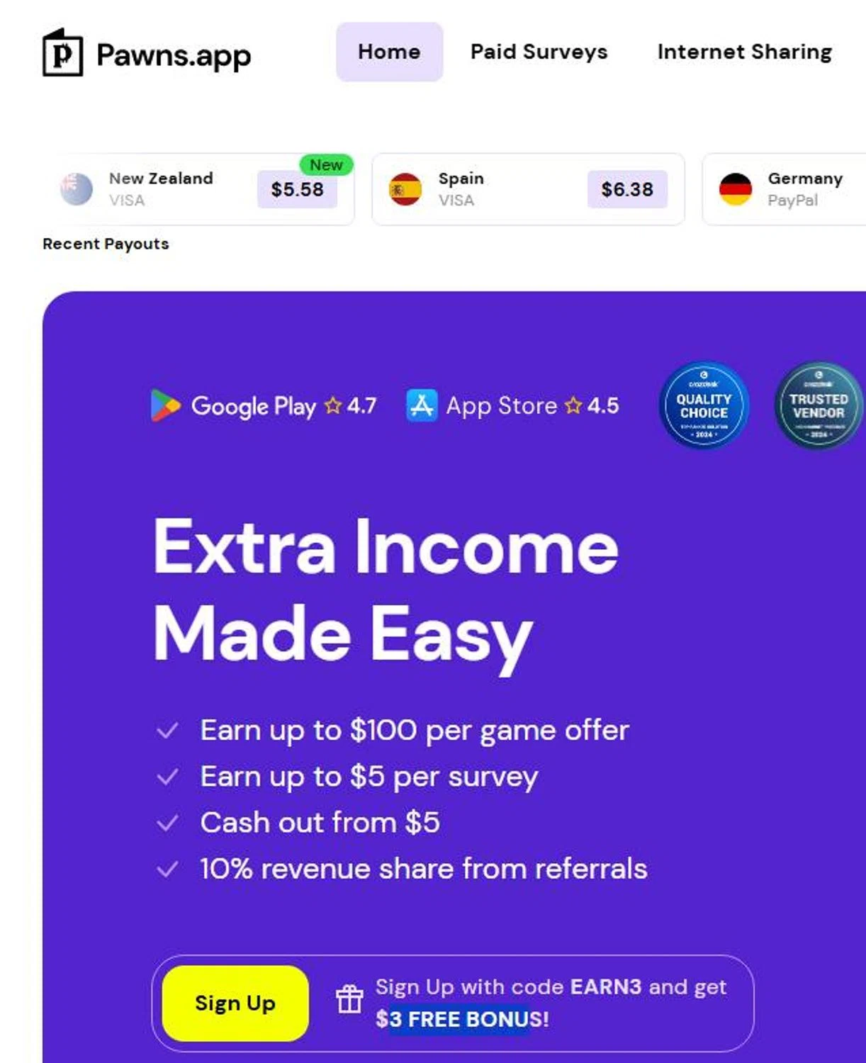 Pawns.app promo code screenshot showing code earn3 applied at Pawns.app checkout page. Uploaded by SimplyCodes community member stygian1 on May 9, 2025