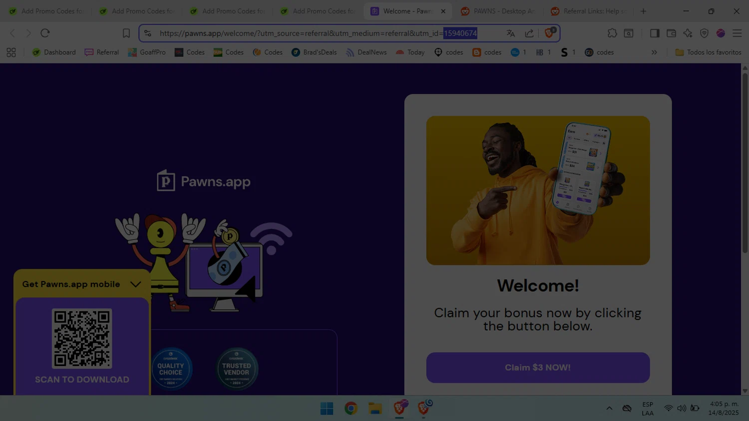 Pawns.app promo code screenshot showing code 15940674 applied at Pawns.app checkout page. Uploaded by SimplyCodes community member BabaYaga on Aug 15, 2025