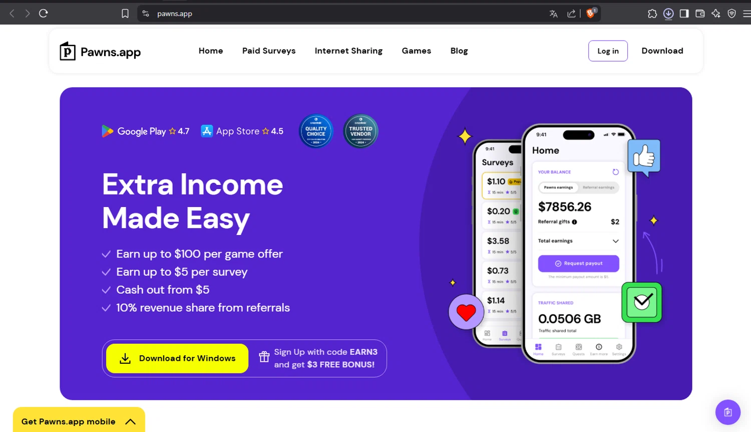 Pawns.app promo code screenshot showing code EARN3 applied at Pawns.app checkout page. Uploaded by SimplyCodes community member crischidy25 on Apr 3, 2025