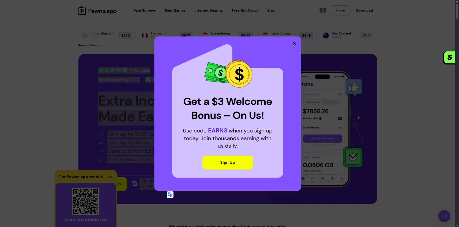 Pawns.app promo code screenshot showing code EARN3 applied at Pawns.app checkout page. Uploaded by SimplyCodes community member pabloprieto on Aug 1, 2025