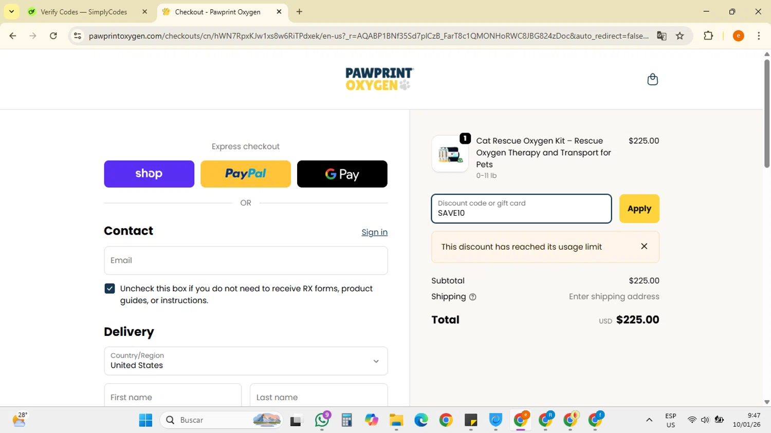 Pawprint Oxygen promo code screenshot showing code SAVE10 applied at Pawprint Oxygen checkout page. Uploaded by SimplyCodes community member RebateSpotter7205 on Jan 10, 2026