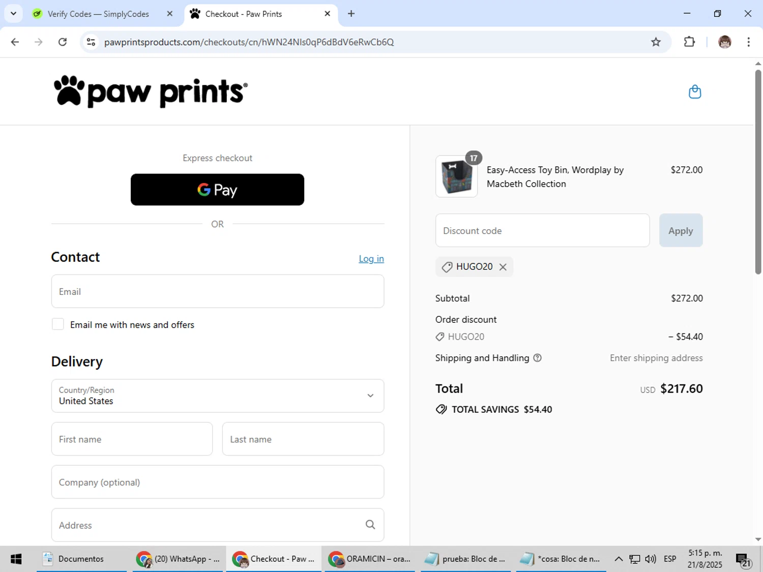 Paw Prints coupon code screenshot showing code HUGO20 applied at Paw Prints checkout page. Uploaded by SimplyCodes community member Jepsii on Aug 21, 2025