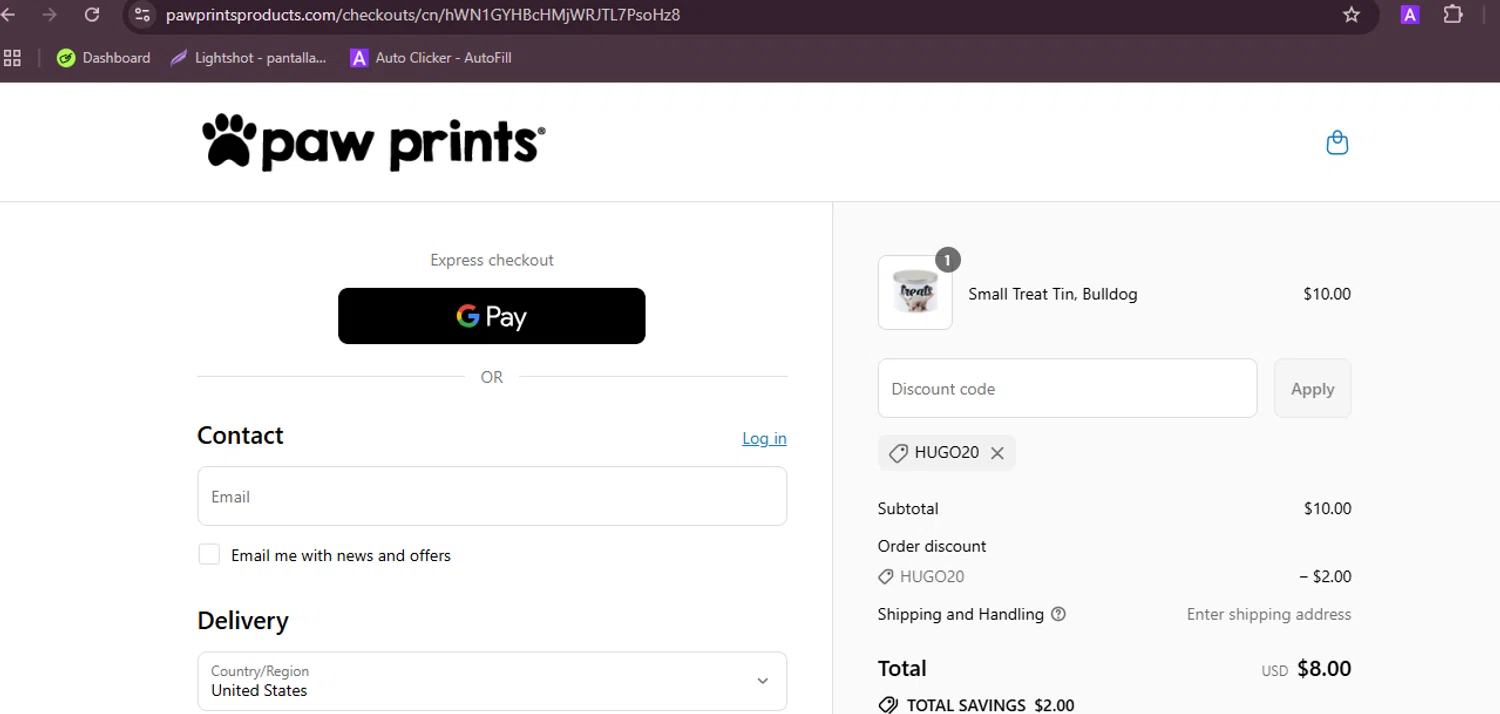 Paw Prints coupon code screenshot showing code HUGO20 applied at Paw Prints checkout page. Uploaded by SimplyCodes community member RebateFalcon3172 on Jul 31, 2025