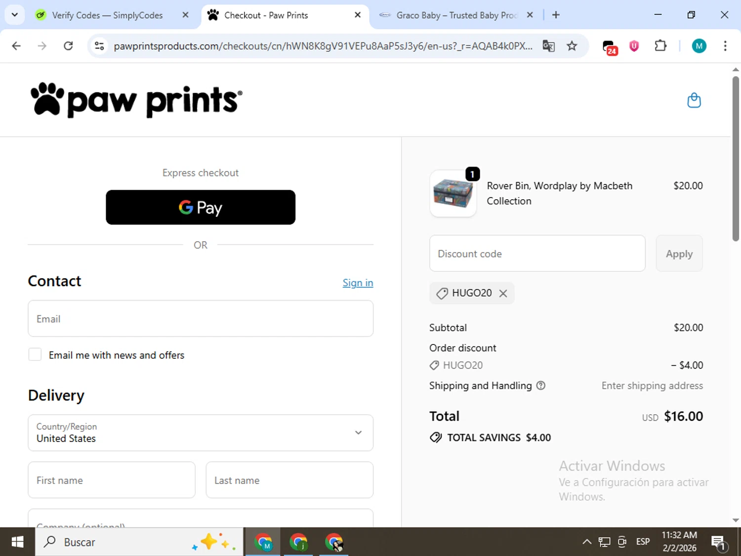 Paw Prints checkout page showing Paw Prints coupon code box | Screenshot taken by SimplyCodes community member on Feb 2, 2026