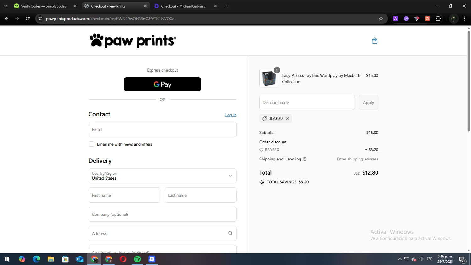 Paw Prints coupon code screenshot showing code BEAR20 applied at Paw Prints checkout page. Uploaded by SimplyCodes community member Andy2323 on Jul 28, 2025