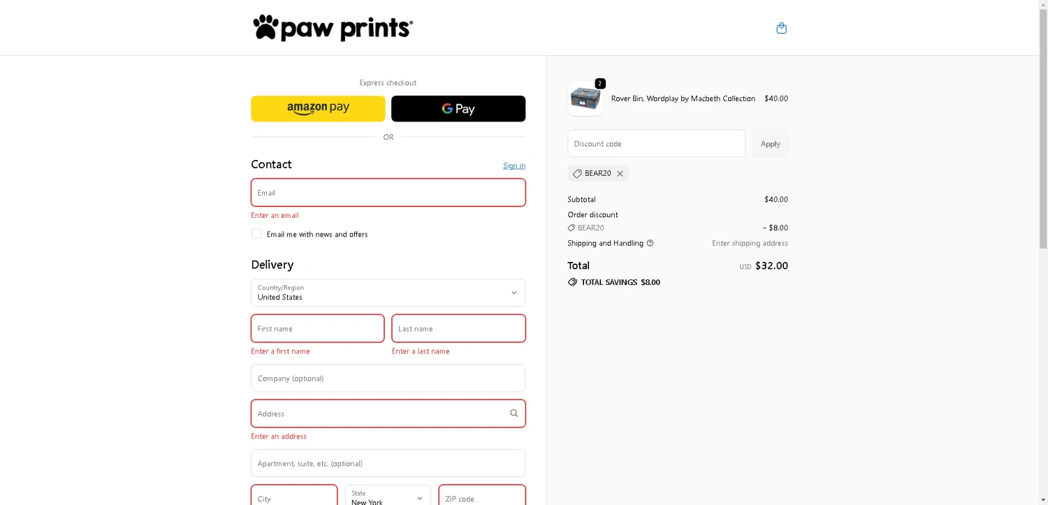 Paw Prints coupon code screenshot showing code BEAR20 applied at Paw Prints checkout page. Uploaded by SimplyCodes community member VoucherHero1009 on Oct 9, 2025