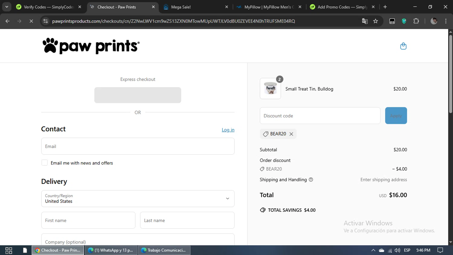 Paw Prints coupon code screenshot showing code BEAR20 applied at Paw Prints checkout page. Uploaded by SimplyCodes community member loooovallll on May 10, 2025