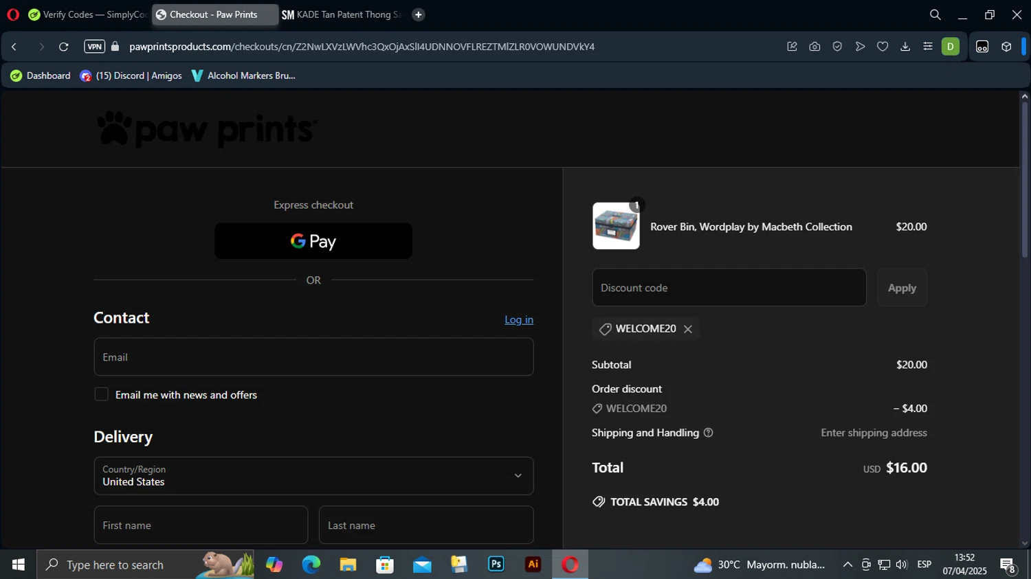 Paw Prints coupon code screenshot showing code WELCOME20 applied at Paw Prints checkout page. Uploaded by SimplyCodes community member TuAmigoRed on Apr 7, 2025
