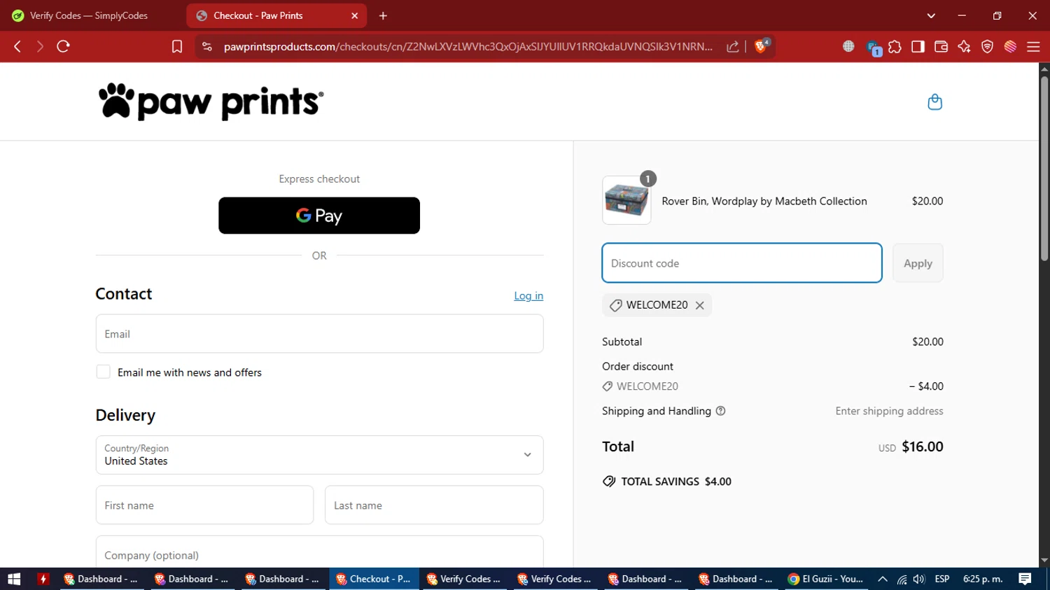 Paw Prints coupon code screenshot showing code WELCOME20 applied at Paw Prints checkout page. Uploaded by SimplyCodes community member VictoriousCaptain7627 on Apr 15, 2025