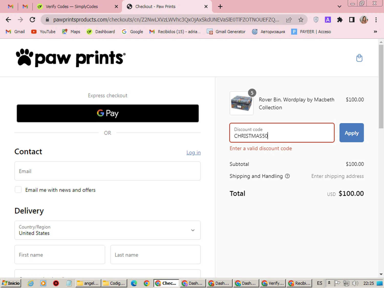 Paw Prints coupon code screenshot showing code CHRISTMAS50 applied at Paw Prints checkout page. Uploaded by SimplyCodes community member SilverEagle2538 on Jan 5, 2025