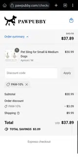 PAW-10% coupon verification screenshot