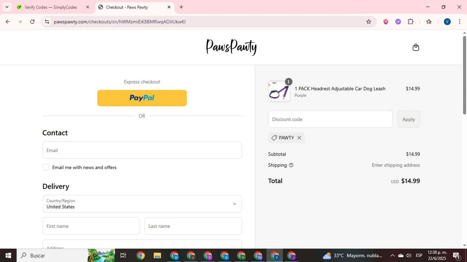 Paws Pawty discount code screenshot showing code Pawty applied at Paws Pawty checkout page. Uploaded by SimplyCodes community member CrownTitan5376 on Jun 22, 2025