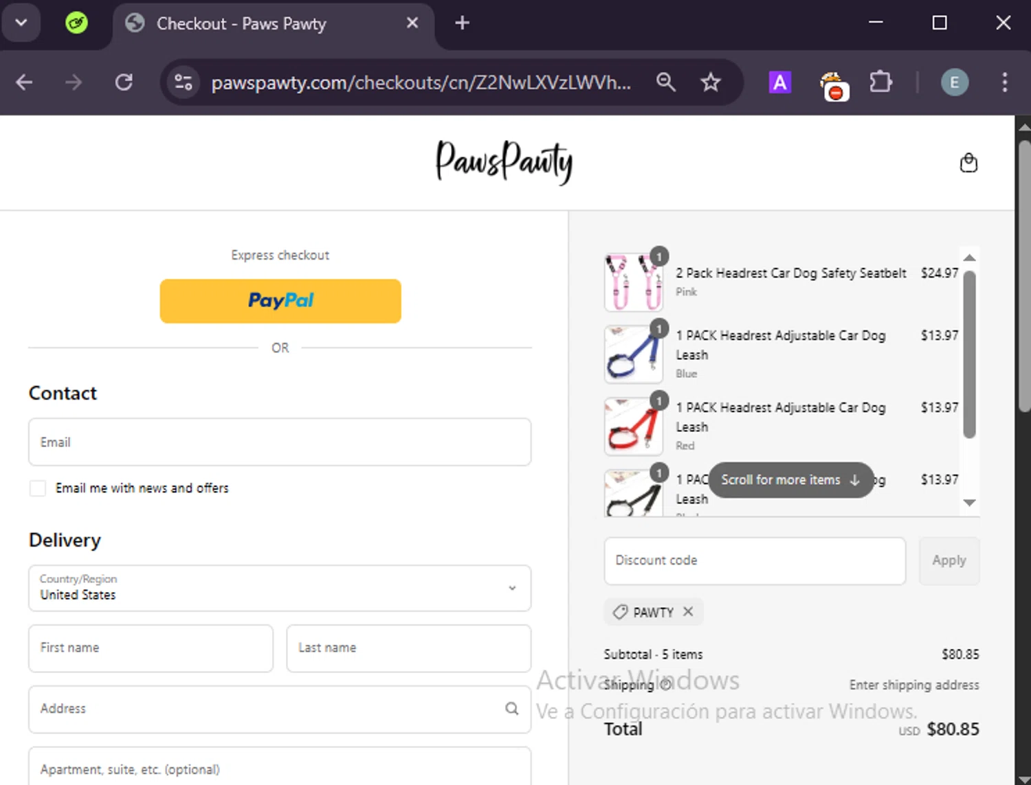 Paws Pawty discount code screenshot showing code Pawty applied at Paws Pawty checkout page. Uploaded by SimplyCodes community member LuckyExpert7689 on Apr 25, 2025