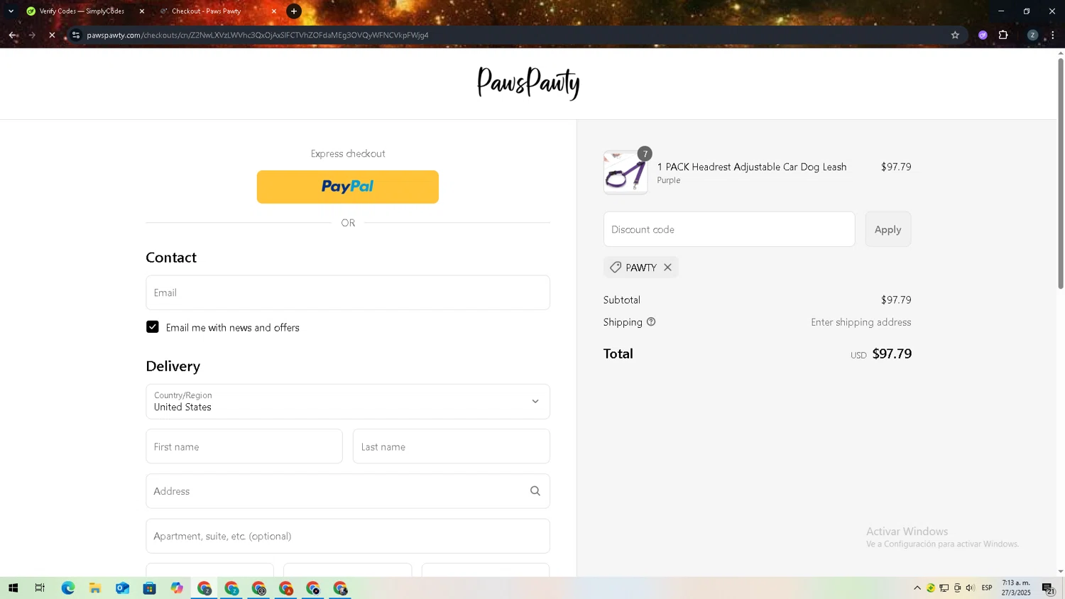 Paws Pawty discount code screenshot showing code Pawty applied at Paws Pawty checkout page. Uploaded by SimplyCodes community member zadquiel on Mar 27, 2025