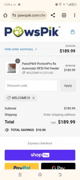 PawsPik coupon verification screenshot