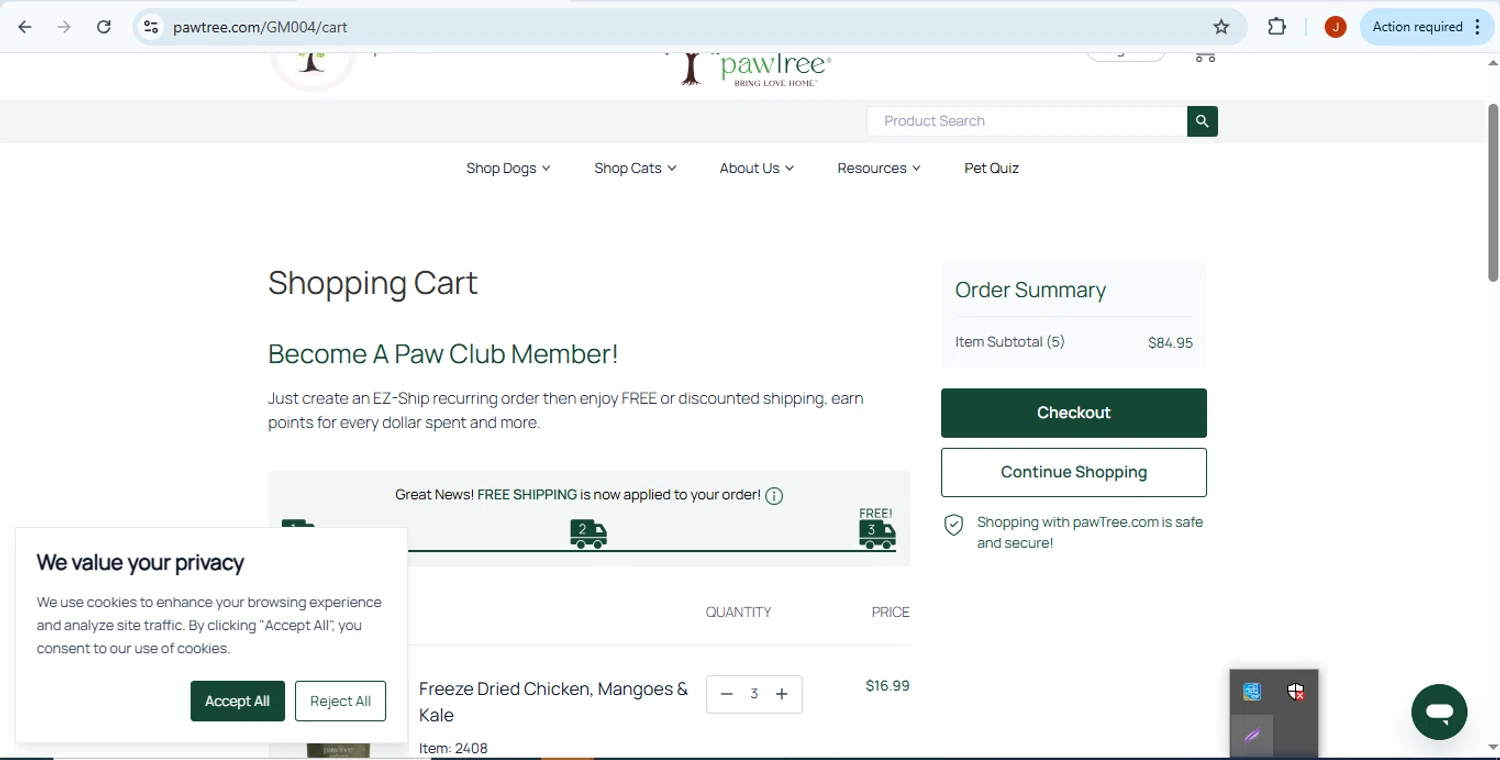 Pawtree coupon code screenshot showing code INTRO4U20 applied at Pawtree checkout page. Uploaded by SimplyCodes community member Fabio05 on Nov 22, 2025