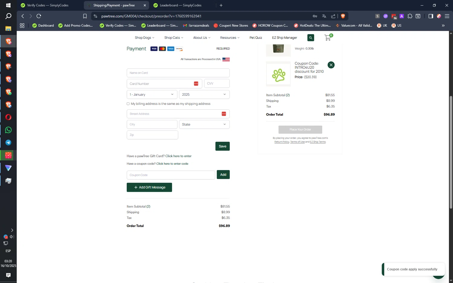 Pawtree coupon code screenshot showing code INTRO4U20 applied at Pawtree checkout page. Uploaded by SimplyCodes community member IronMind4607 on Oct 16, 2025