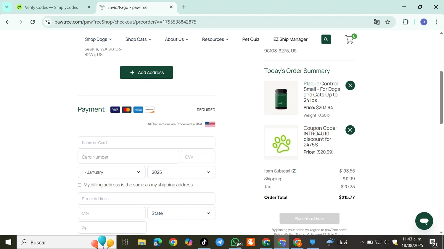 Pawtree coupon code screenshot showing code INTRO4U10 applied at Pawtree checkout page. Uploaded by SimplyCodes community member DiscountSleuth6807 on Aug 18, 2025
