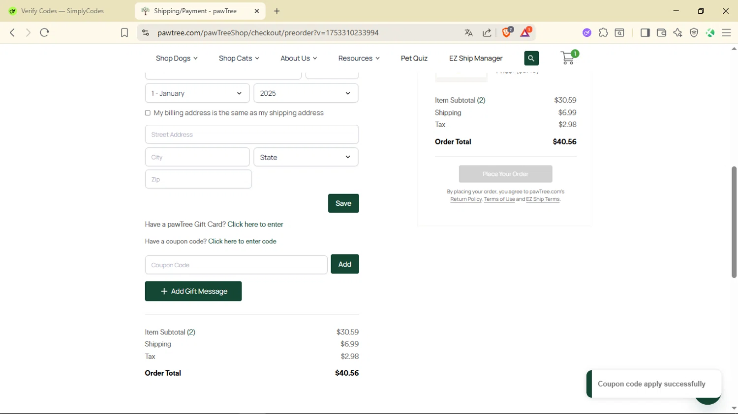 Pawtree coupon code screenshot showing code INTRO4U10 applied at Pawtree checkout page. Uploaded by SimplyCodes community member ShieldLegend9691 on Jul 23, 2025