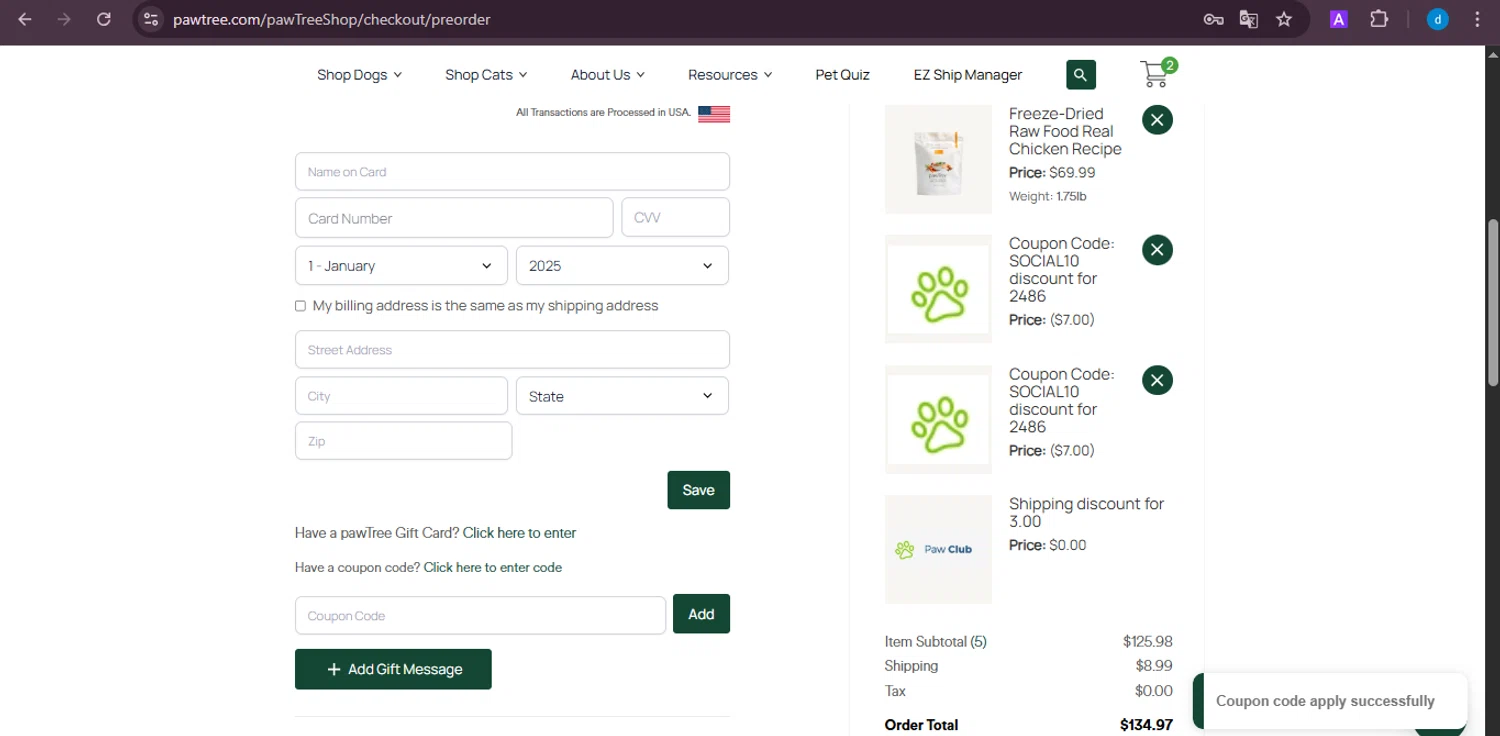 Pawtree checkout page showing Pawtree coupon code box | Screenshot taken by SimplyCodes community member on Aug 19, 2025