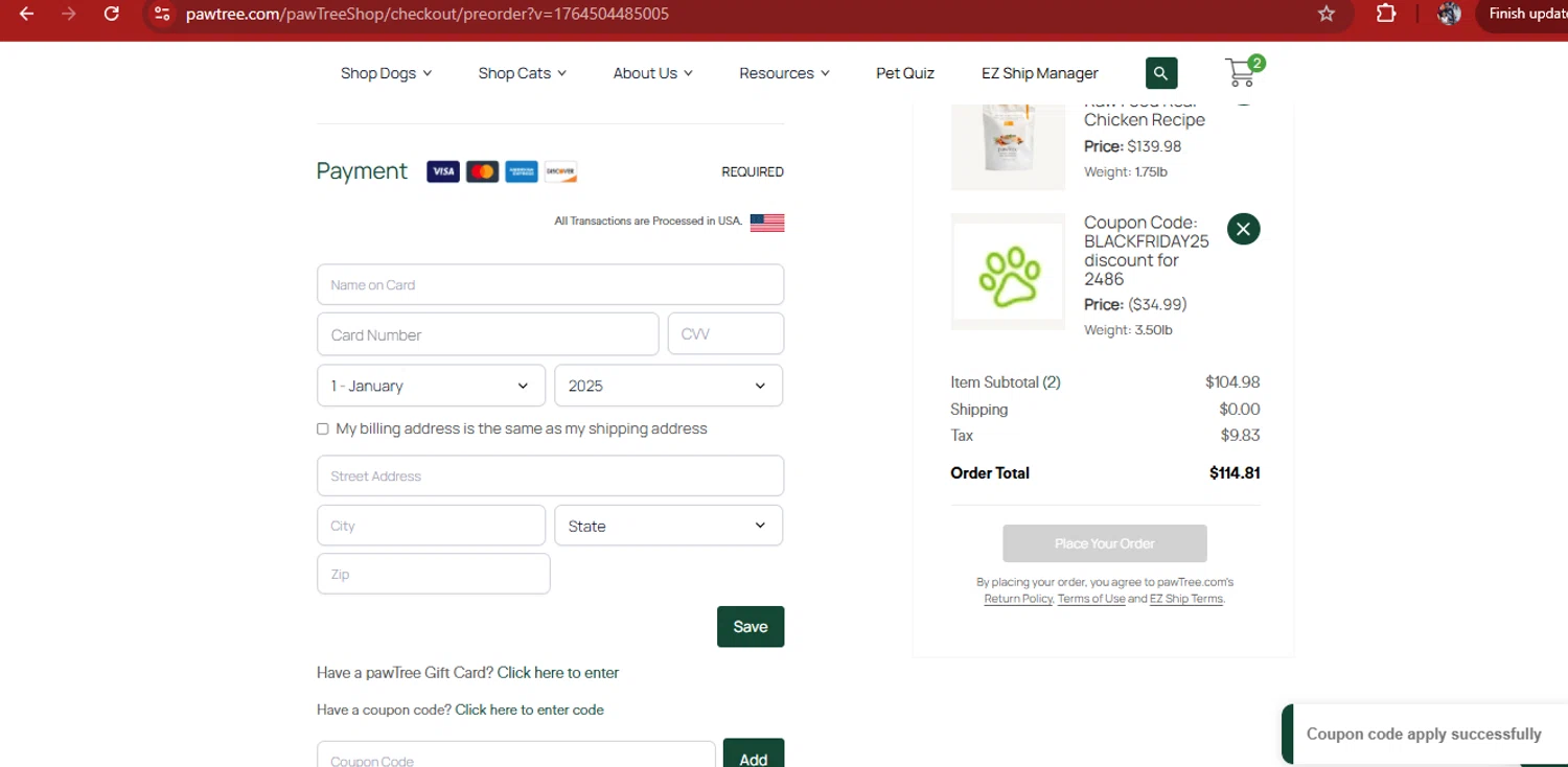 Pawtree coupon code screenshot showing code BLACKFRIDAY25 applied at Pawtree checkout page. Uploaded by SimplyCodes community member kimberlinmartinez on Nov 30, 2025