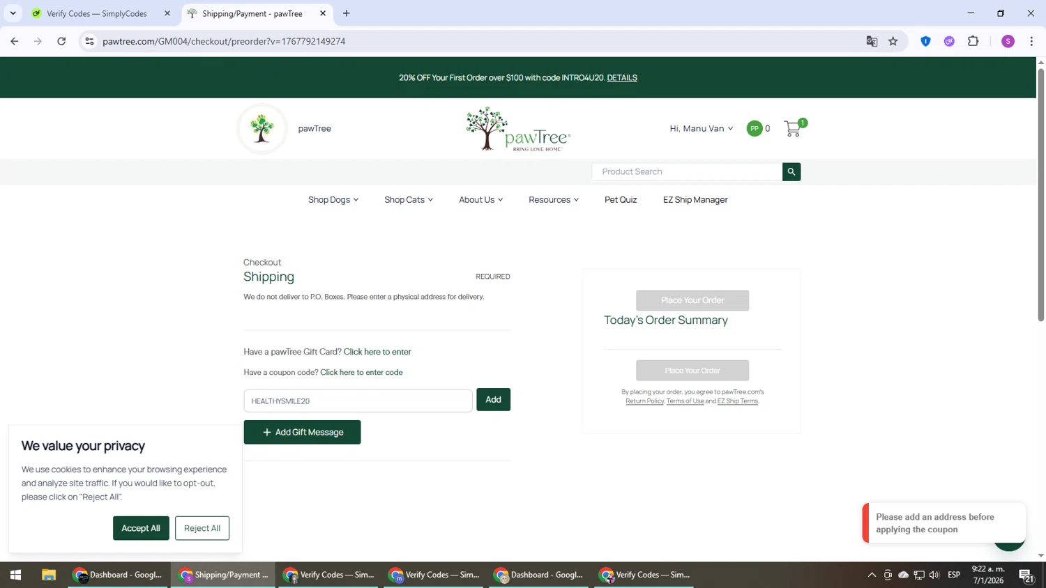 Pawtree coupon code screenshot showing code HEALTHYSMILE20 applied at Pawtree checkout page. Uploaded by SimplyCodes community member Son_Goku on Jan 7, 2026