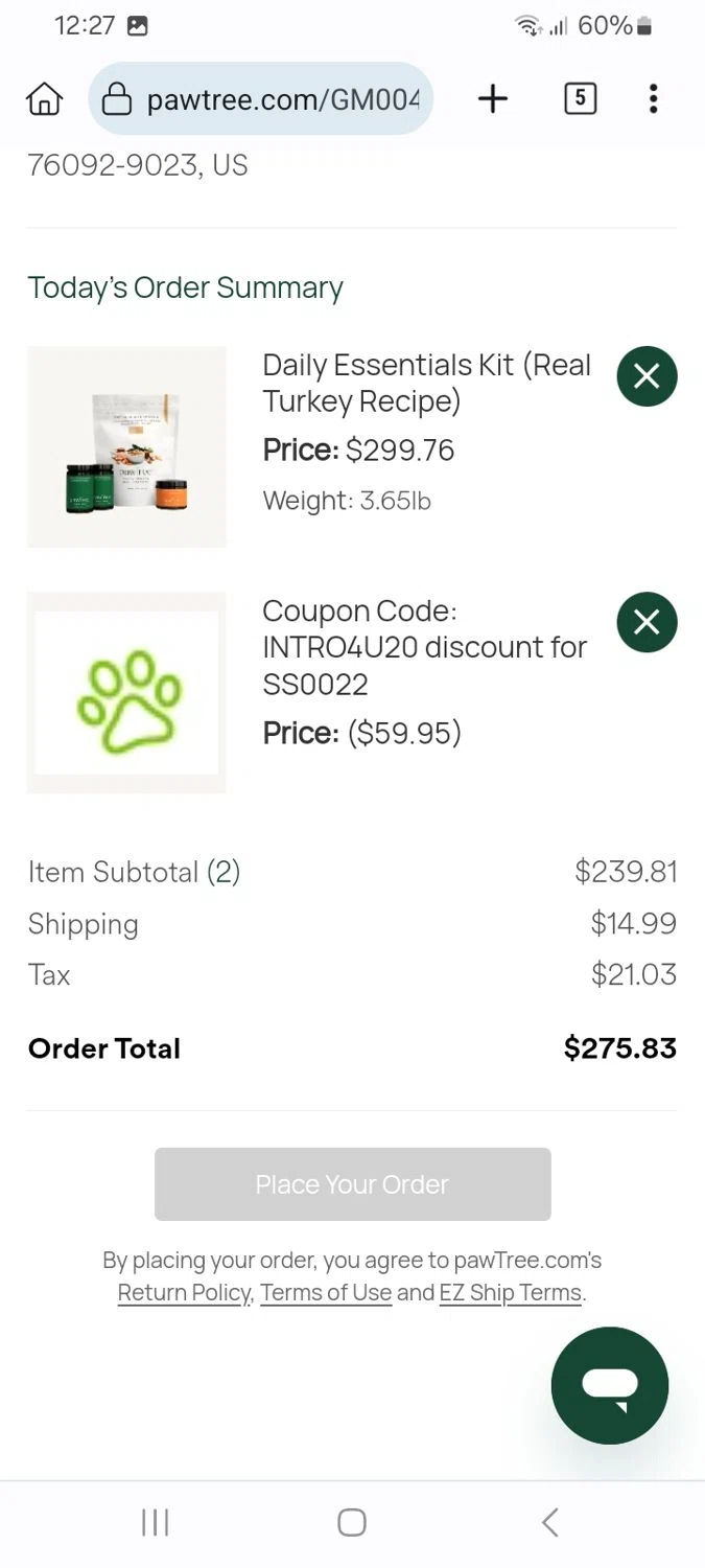 Pawtree coupon code screenshot showing code INTRO4U20 applied at Pawtree checkout page. Uploaded by SimplyCodes community member ScanMaverick9378 on Sep 13, 2025