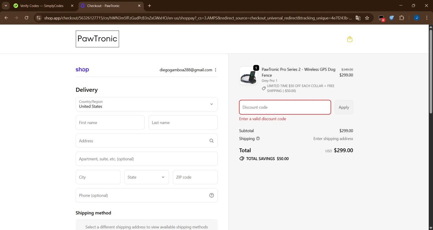 PawTronic discount code screenshot showing code USA applied at PawTronic checkout page. Uploaded by SimplyCodes community member cesar26 on Oct 5, 2025