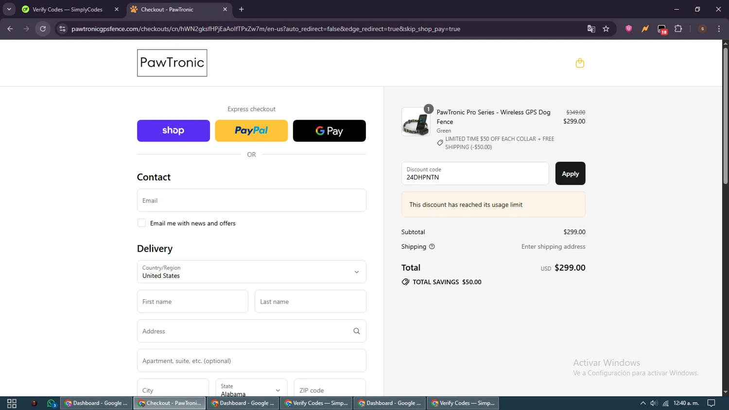 PawTronic discount code screenshot showing code 24DHPNTN applied at PawTronic checkout page. Uploaded by SimplyCodes community member GoldSentinel1426 on Sep 7, 2025