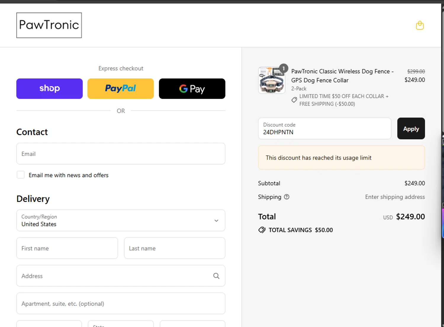PawTronic discount code screenshot showing code 24DHPNTN applied at PawTronic checkout page. Uploaded by SimplyCodes community member laurimarnorailyl on Sep 7, 2025