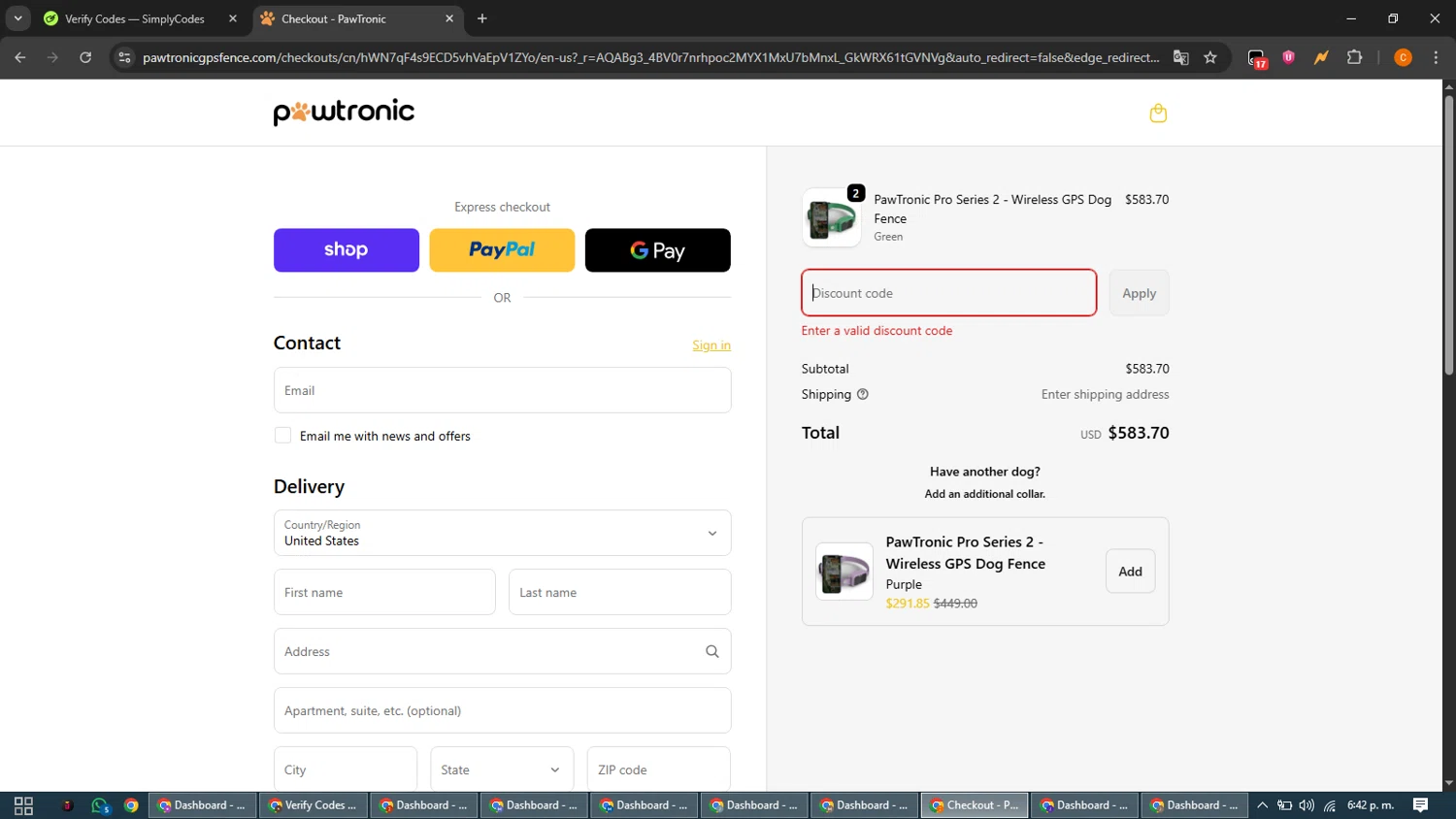 PawTronic discount code screenshot showing code $150OFF applied at PawTronic checkout page. Uploaded by SimplyCodes community member guest_192805448 on Jan 20, 2026