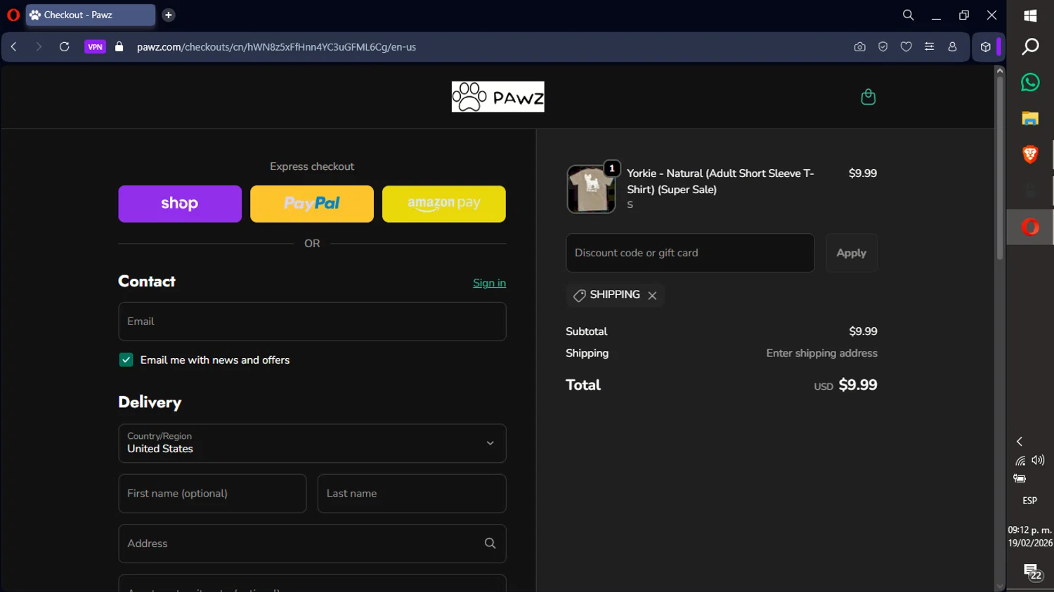 Pawz promo code screenshot showing code shipping applied at Pawz checkout page. Uploaded by SimplyCodes community member xXdevoragoticas69Xx on Feb 20, 2026