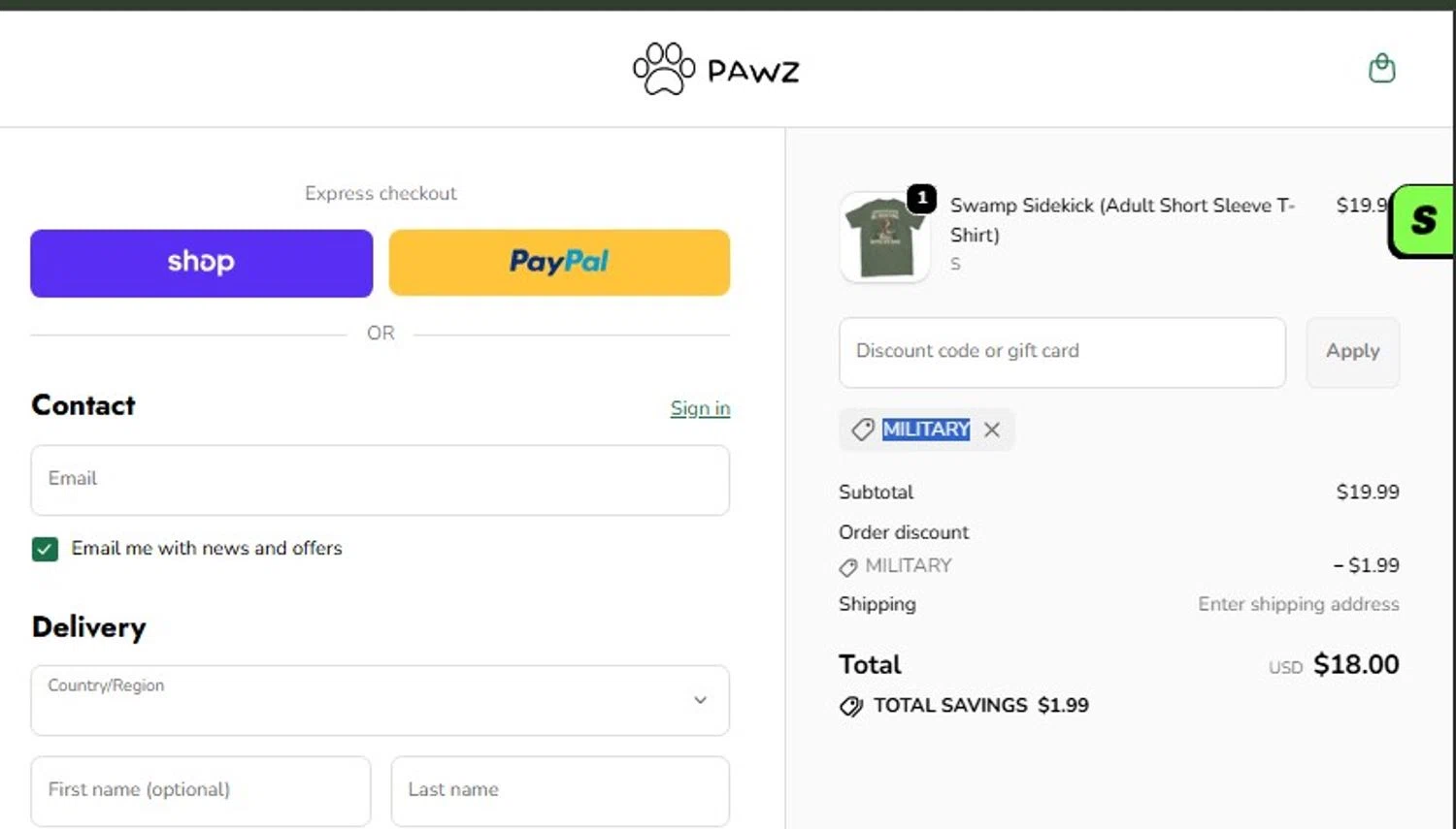 Pawz discount code screenshot showing code MILITARY applied at Pawz checkout page. Uploaded by SimplyCodes community member frankrivero on Feb 10, 2026