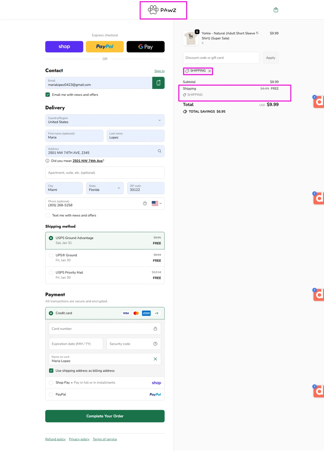 Pawz discount code screenshot showing code shipping applied at Pawz checkout page. Uploaded by SimplyCodes community member mrdarcy on Jan 24, 2026