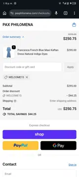 WELCOME15 coupon verification screenshot