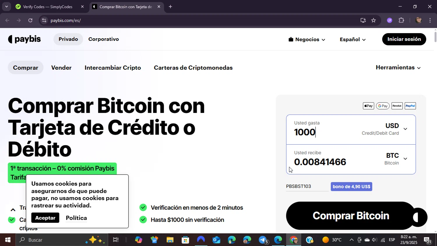 Paybis promo code screenshot showing code PBSBST103 applied at Paybis checkout page. Uploaded by SimplyCodes community member ShieldEagle9436 on Sep 23, 2025
