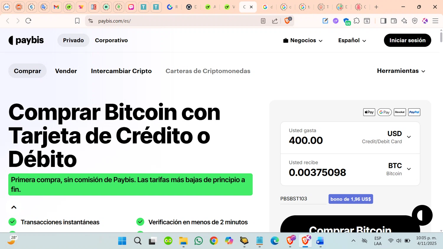 Paybis promo code screenshot showing code PBSBST103 applied at Paybis checkout page. Uploaded by SimplyCodes community member cosita on Nov 5, 2025