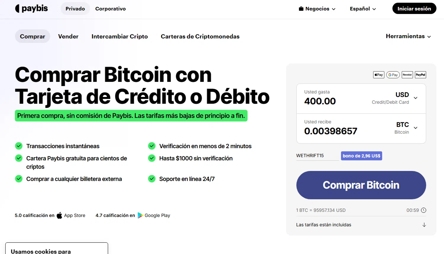 Paybis promo code screenshot showing code WETHRIFT15 applied at Paybis checkout page. Uploaded by SimplyCodes community member RichterBelmont on Nov 17, 2025