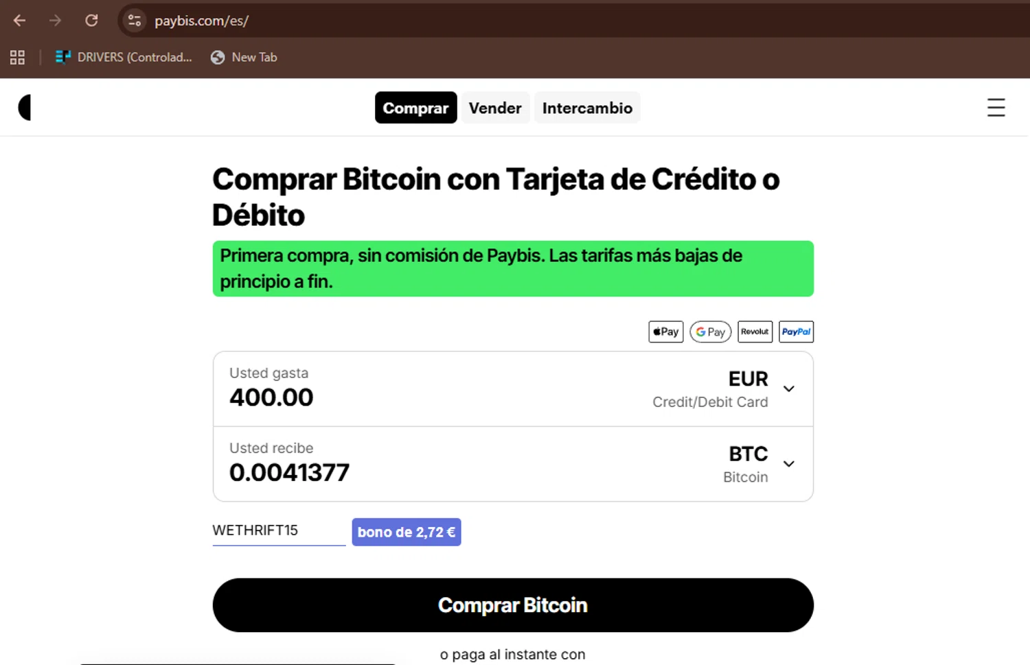Paybis promo code screenshot showing code WETHRIFT15 applied at Paybis checkout page. Uploaded by SimplyCodes community member TheWizard on Oct 19, 2025
